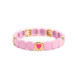Bracelet élastique en perles nid d'abeille rose pâle / cœur rouge
